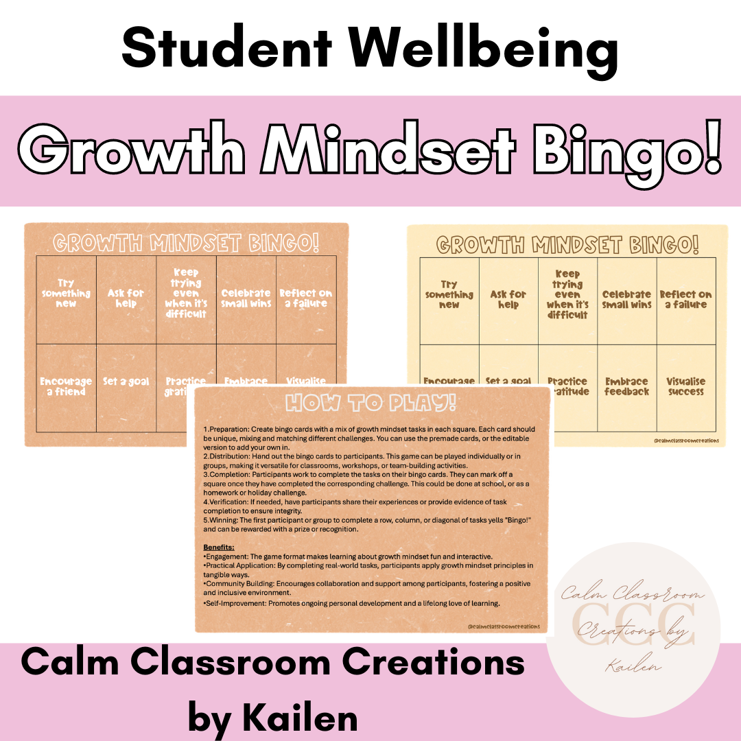 Student Wellbeing | Growth Mindset Bingo | EDITABLE and print and go