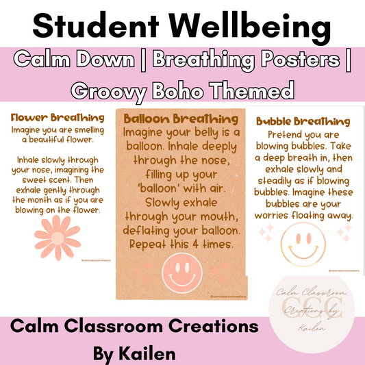 Student Wellbeing | Calm Down Breathing Posters | Groovy Boho Themed