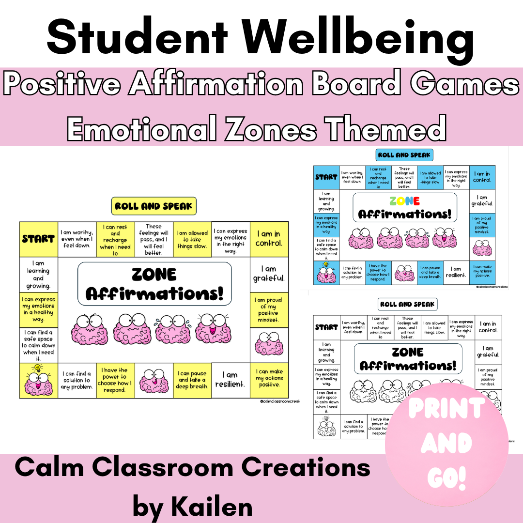 Student Wellbeing | Zones of Regulation | Positive Affirmation Board Game