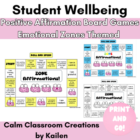 Student Wellbeing | Zones of Regulation | Positive Affirmation Board Game