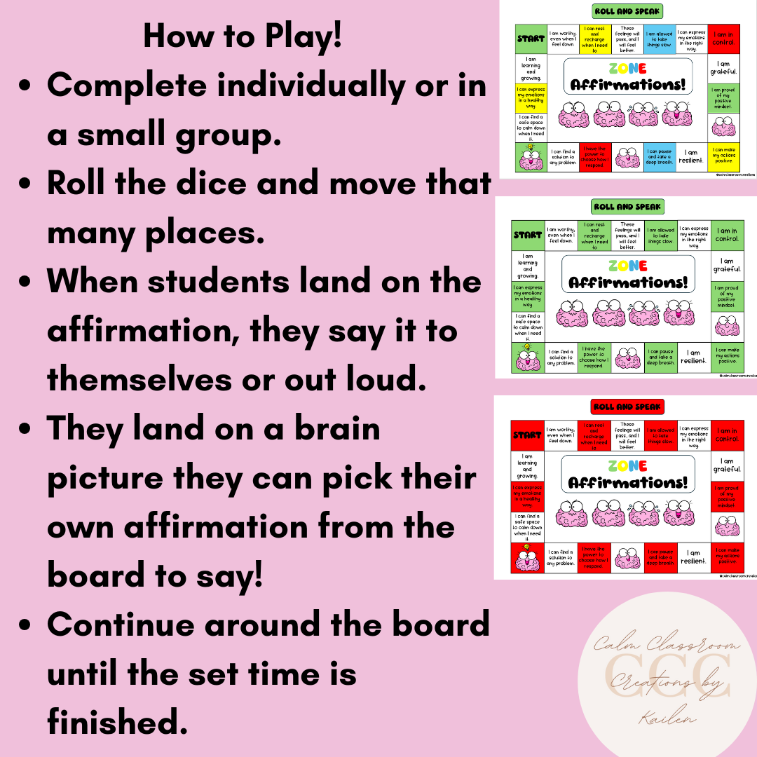 Student Wellbeing | Zones of Regulation | Positive Affirmation Board Game