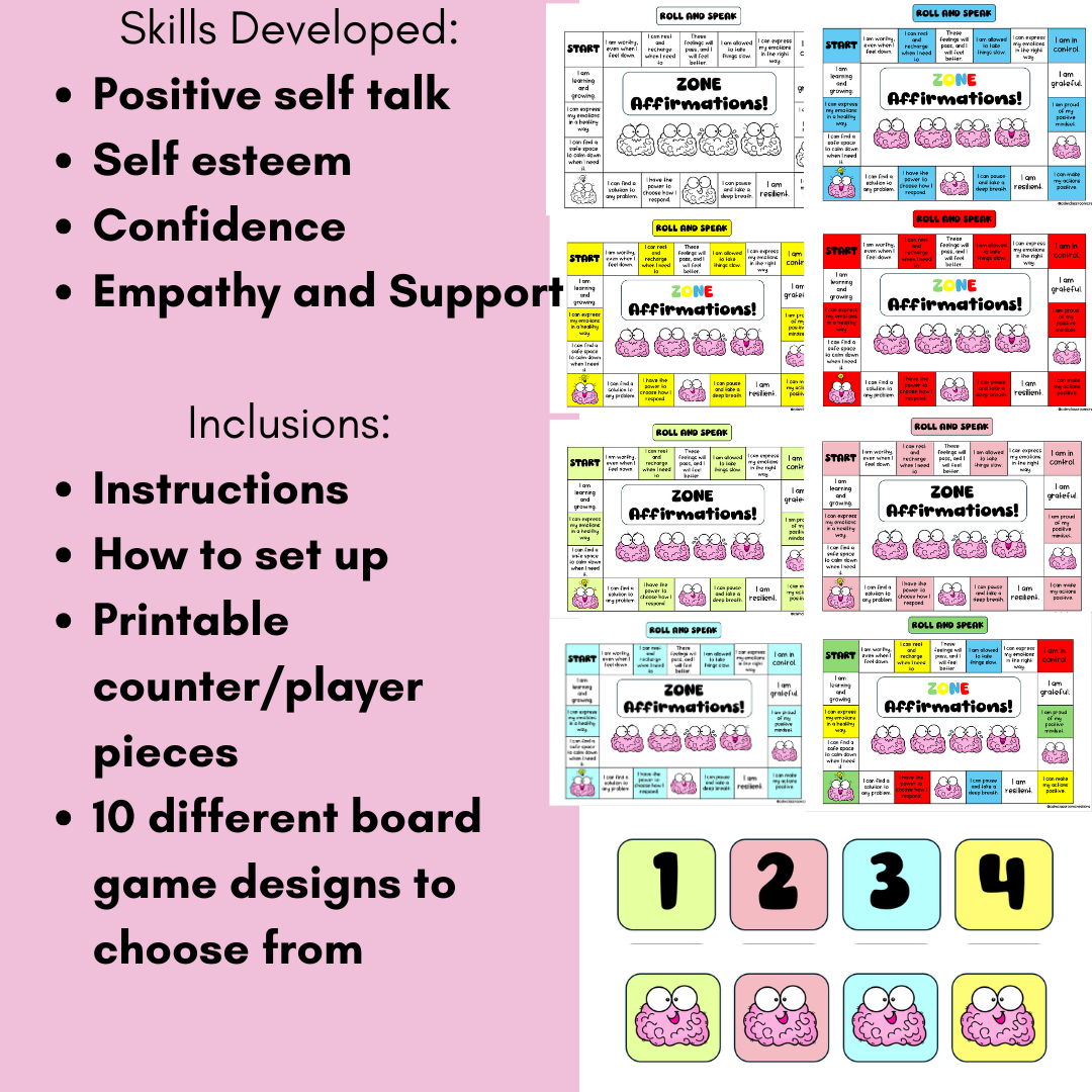 Student Wellbeing | Zones of Regulation | Positive Affirmation Board Game